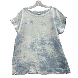 Magaschoni Women's Linen Top Frayed Hem Blue Tie Dye Casual Summer Size M
